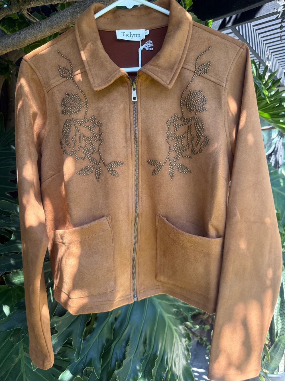 Tan Suede Zip Jacket with Studded Floral Detail